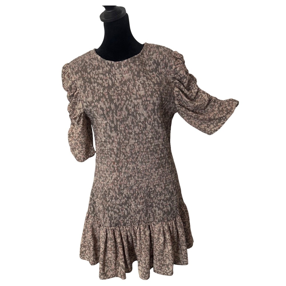 French Connection Smocked Mini Dress Ruched Sleeve‎ Size L Cottage Erika Drape